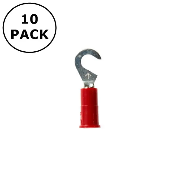 (2754) #10 Stud Red Vinyl Insulated Hook Terminals for 22-18AWG Wire ~ 10 Pack