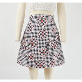 70s Style Vintage Gingham and Floral Print Cotton Skirt Mod A-line Mini Skirt with Round Pockets size M