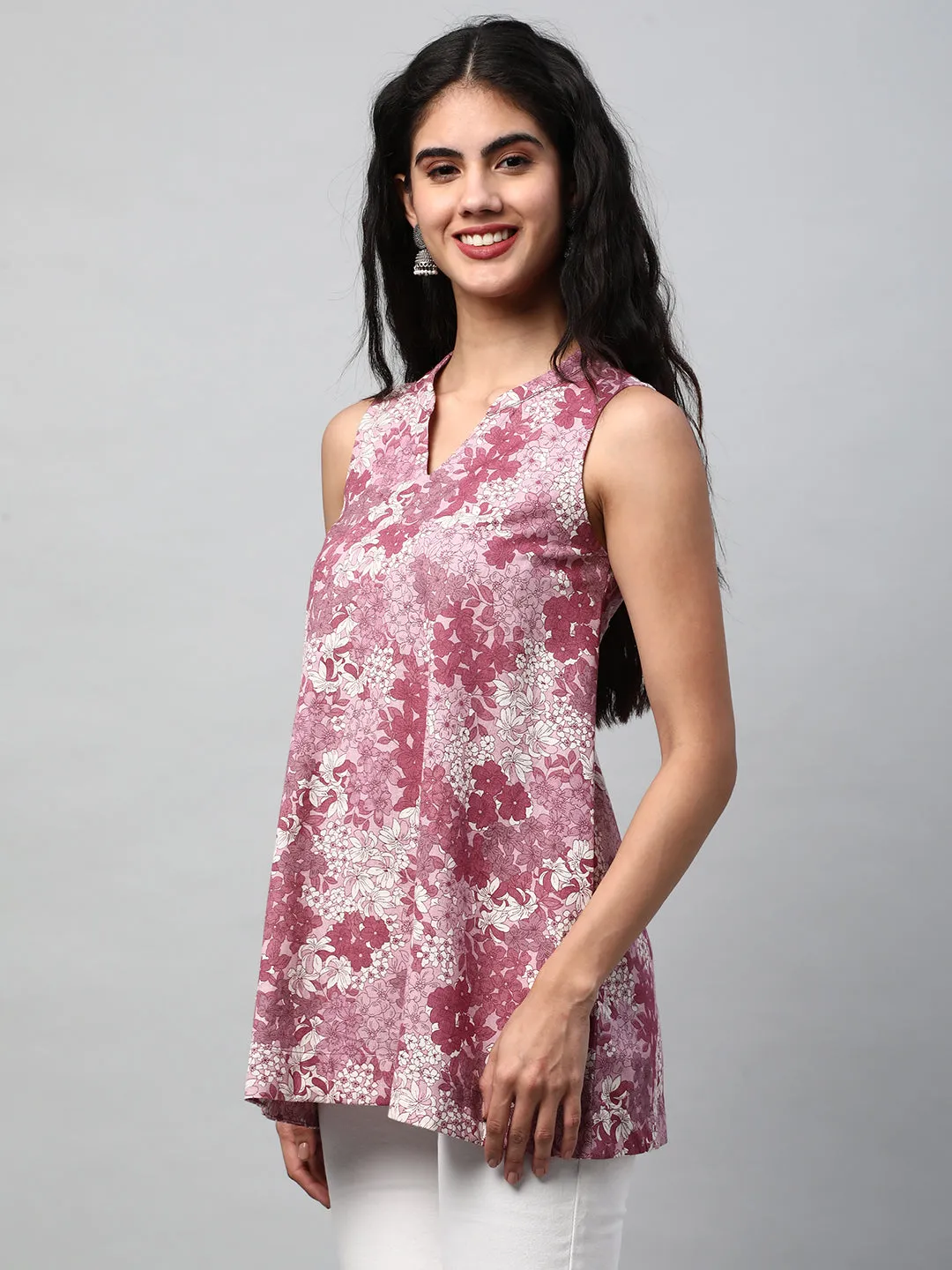 A-line printed flex sleeveless tunic with stand collar