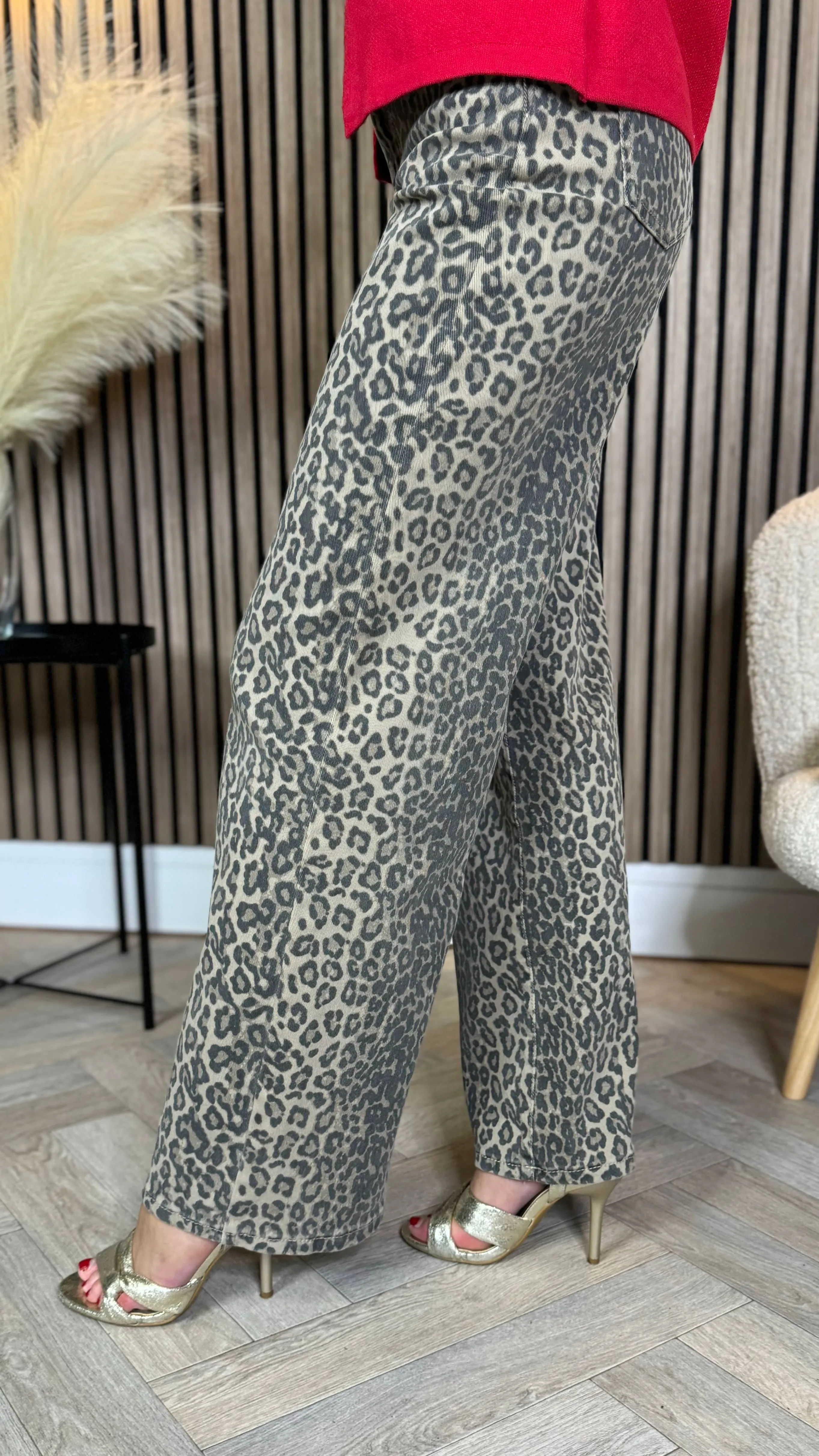 Adley Beige & Black Leopard Print Dad Fit Mid Rise Jeans