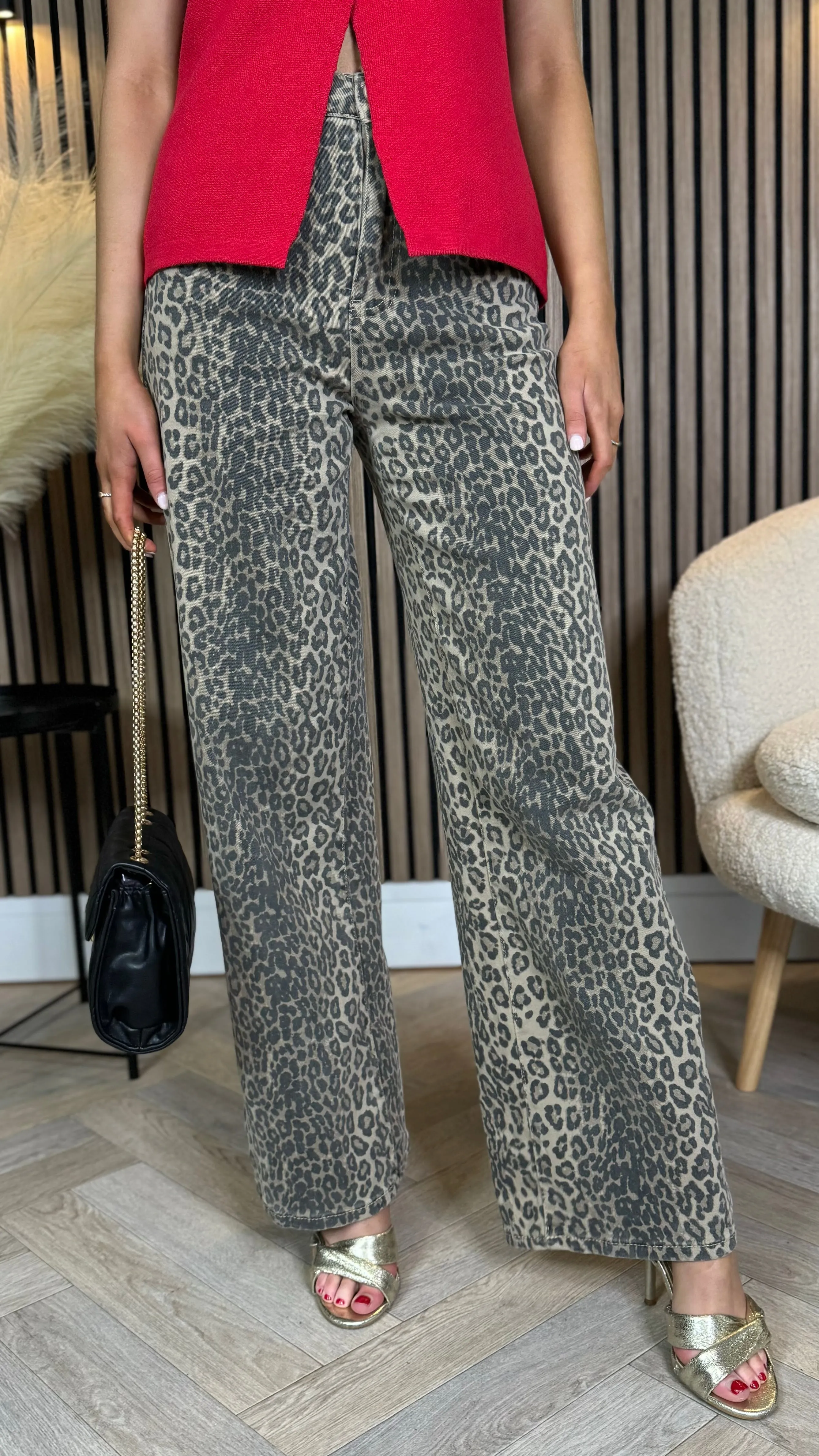 Adley Beige & Black Leopard Print Dad Fit Mid Rise Jeans