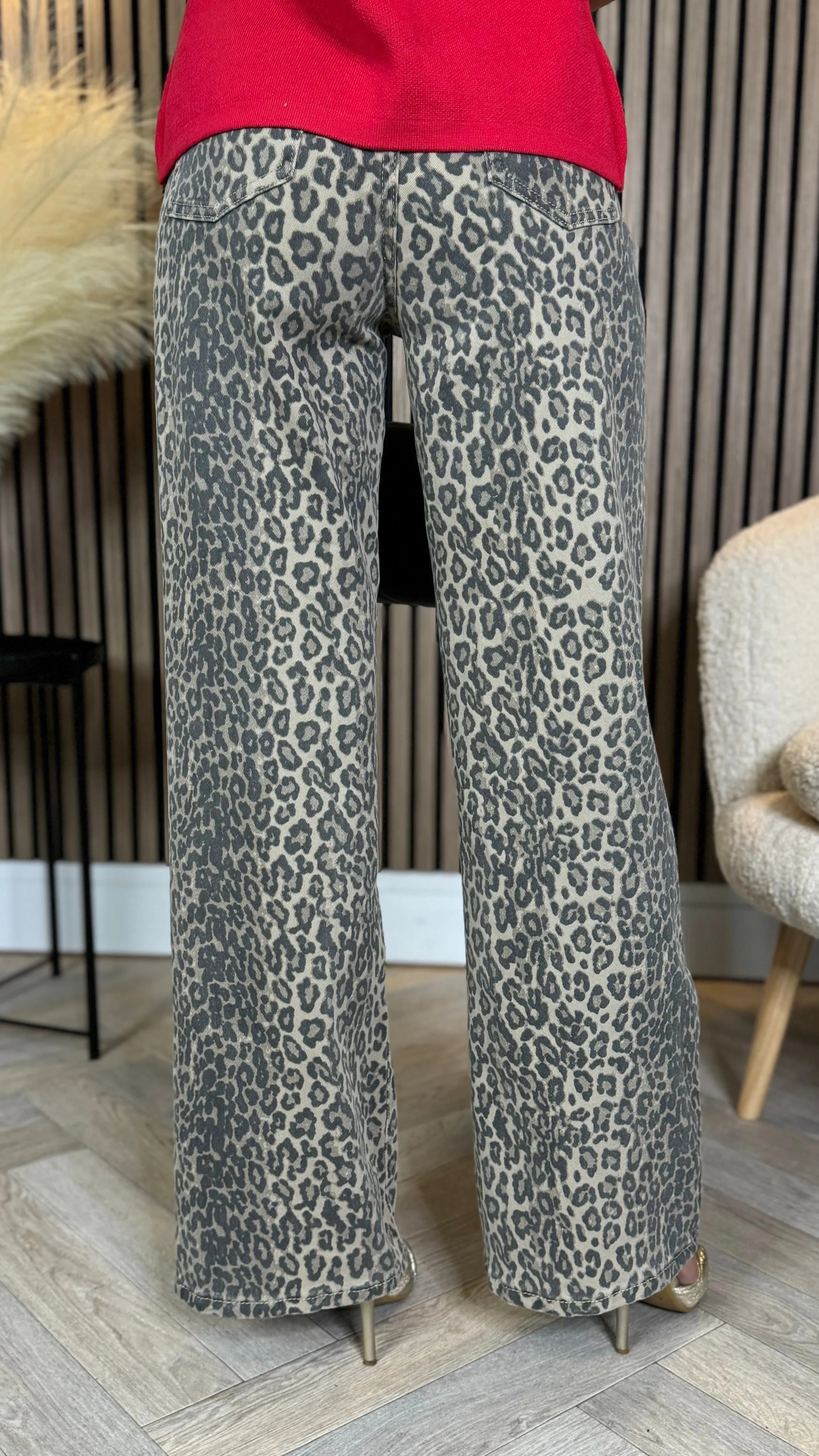 Adley Beige & Black Leopard Print Dad Fit Mid Rise Jeans