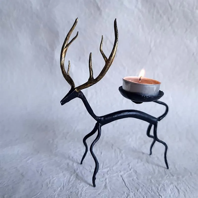 Bastar Handmade Wrought Iron Golden Deer Tealight Holder (Set of 2)