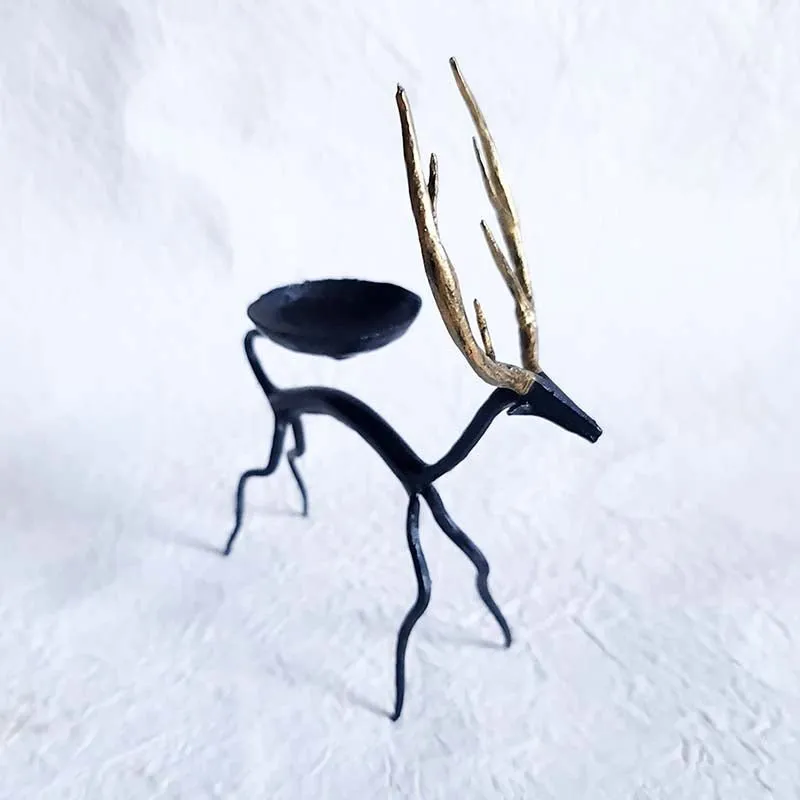 Bastar Handmade Wrought Iron Golden Deer Tealight Holder (Set of 2)