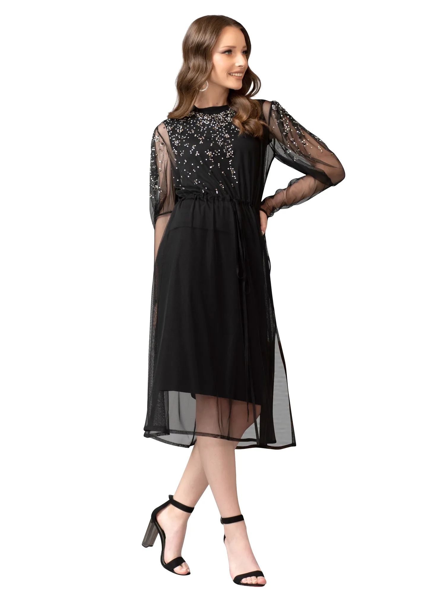 Bianco Nero Studded Puff Sleeve Overlay Dress