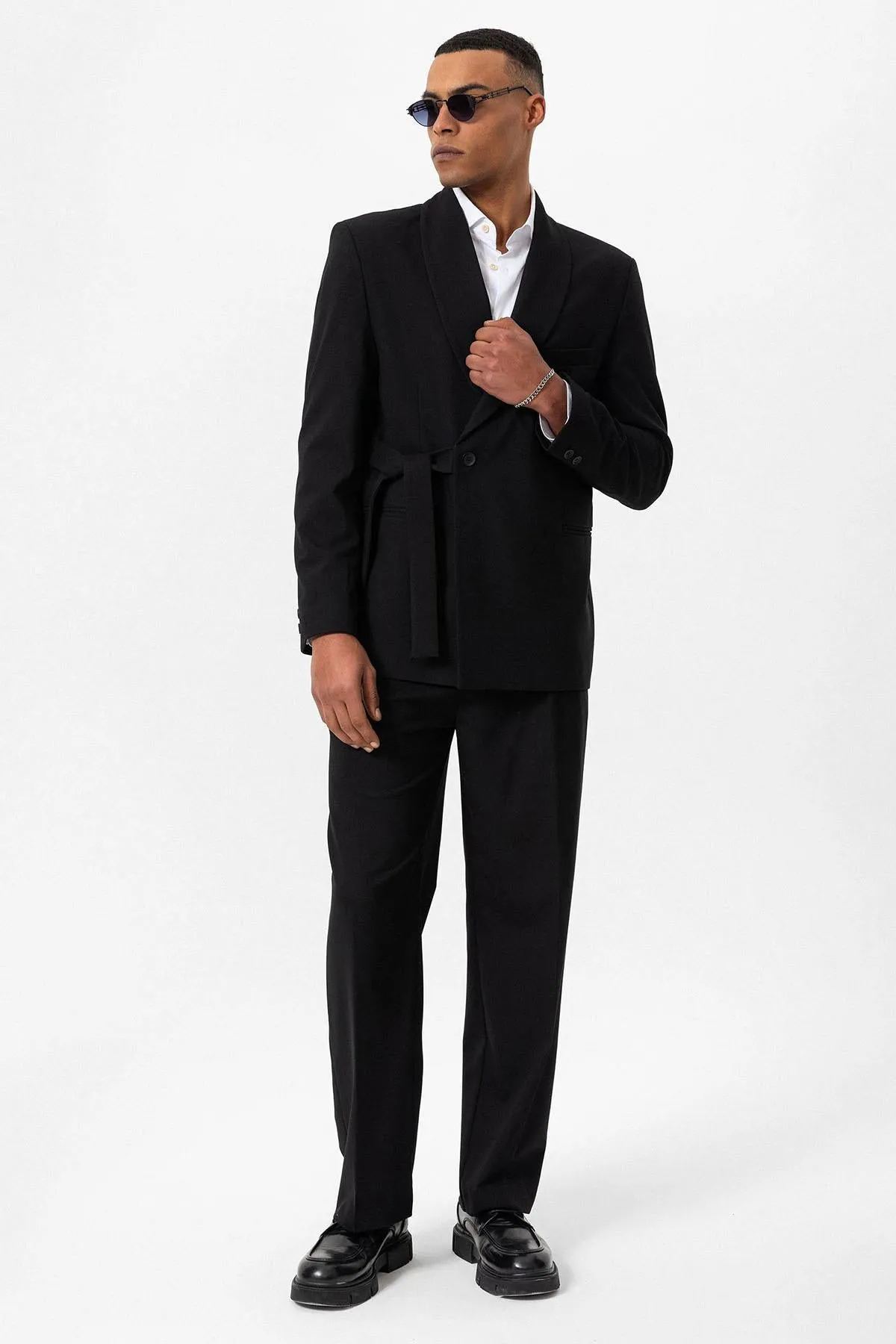 Black Double-Breasted Belted Men's Blazer - Wessi