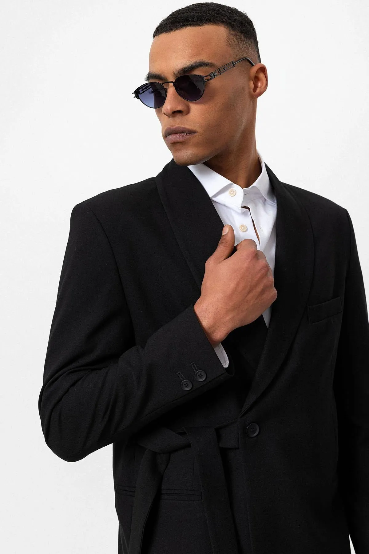 Black Double-Breasted Belted Men's Blazer - Wessi