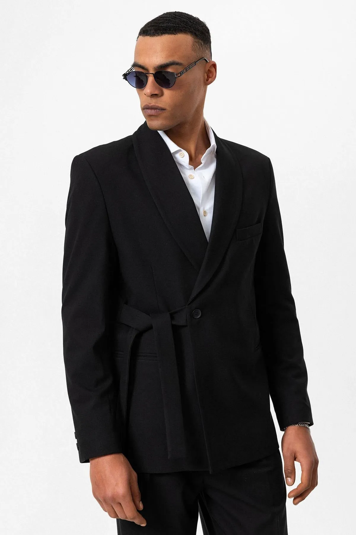 Black Double-Breasted Belted Men's Blazer - Wessi