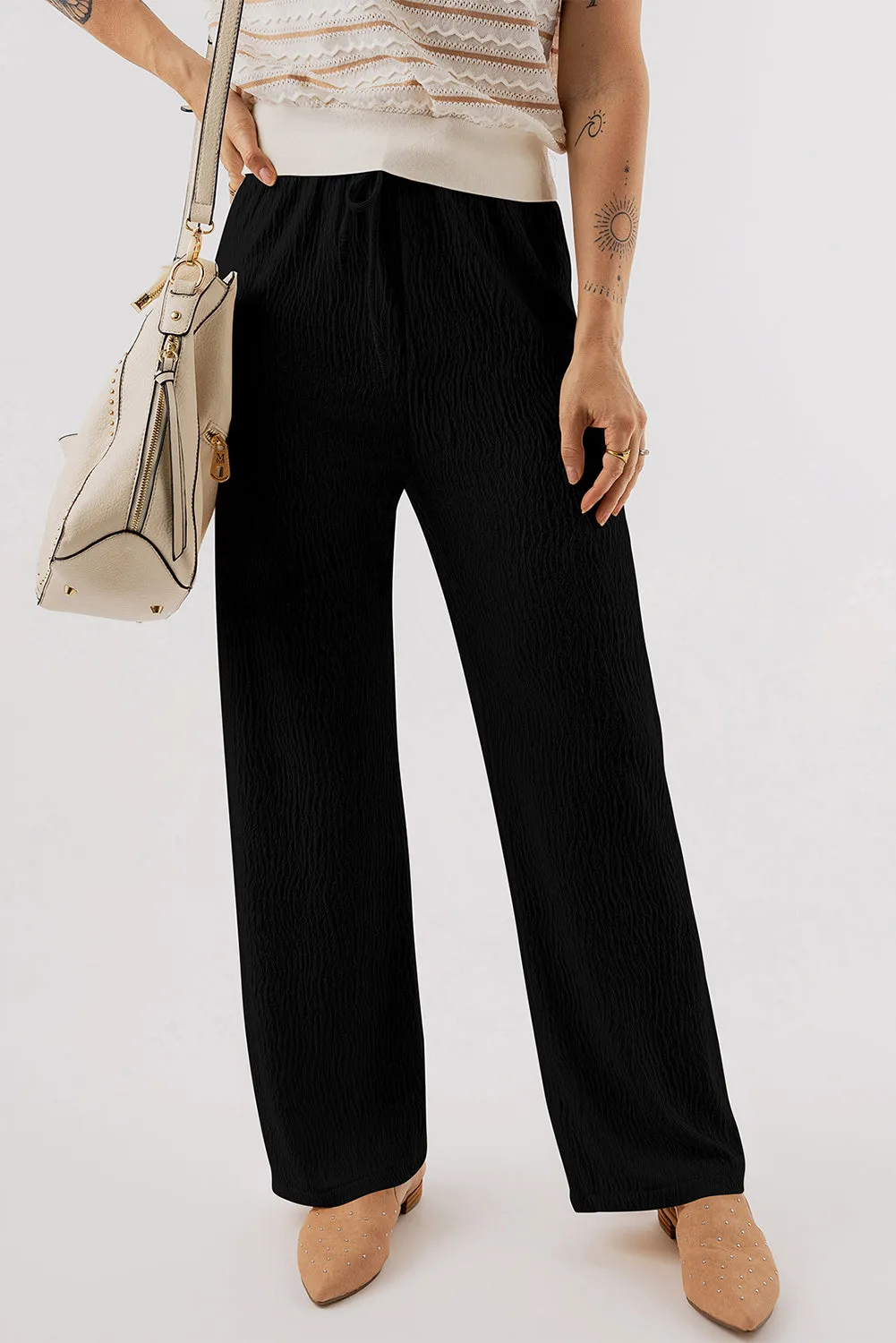 Black Textured Loose Drawstring Pants