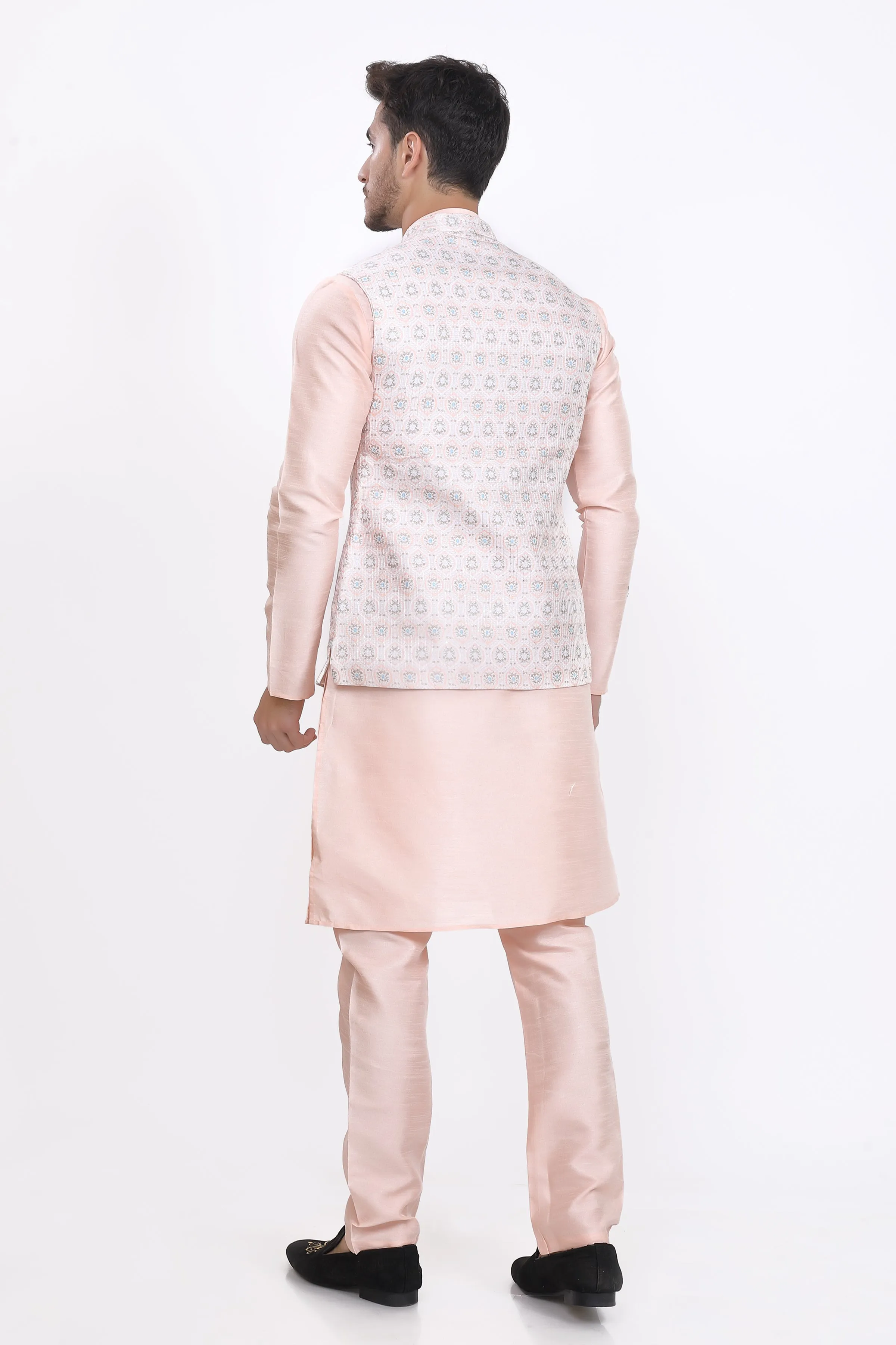 Blush peach mens kurta pyjama waistcoat set