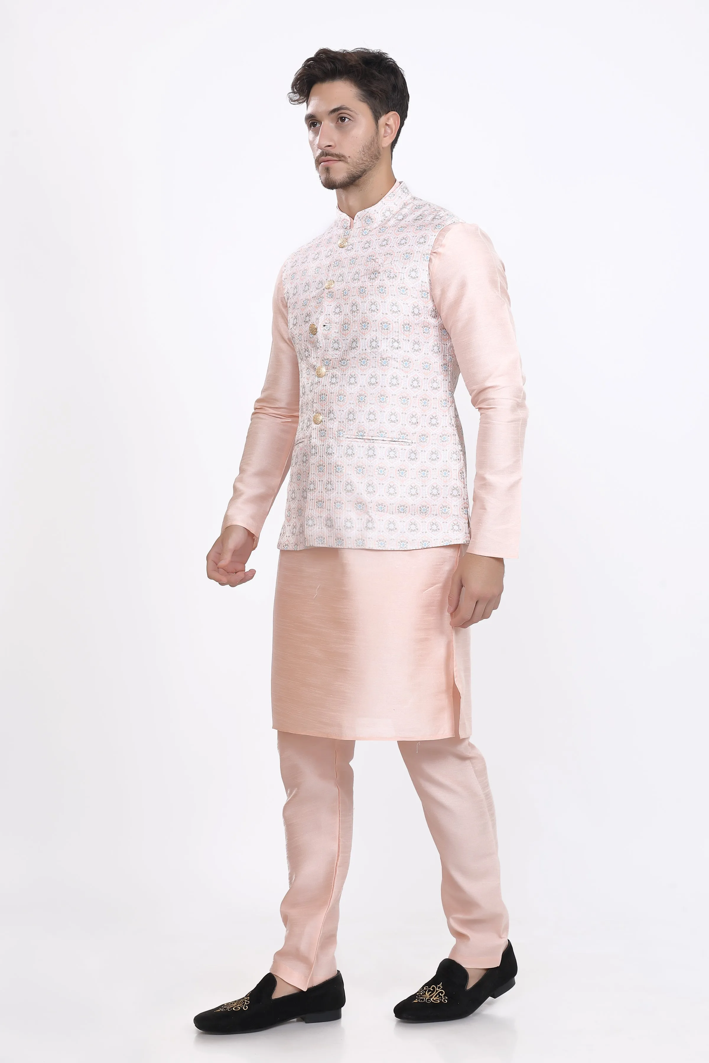 Blush peach mens kurta pyjama waistcoat set