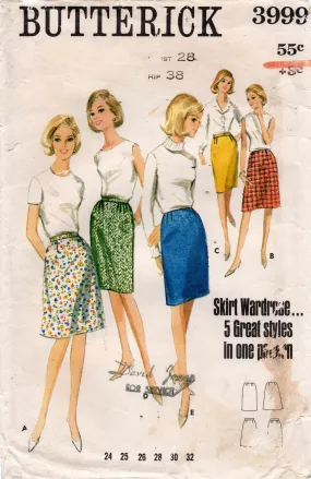 Butterick 3999 Womens Quick N Easy Skirt in 5 Styles 1960s Vintage Sewing Pattern Waist 28 inches