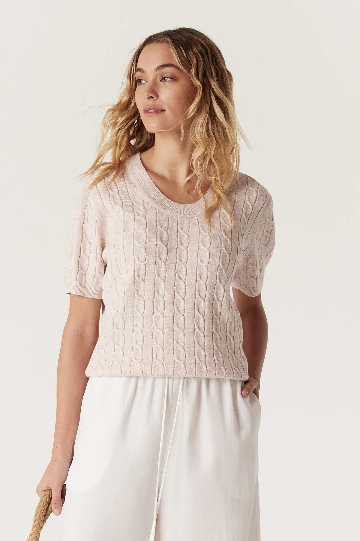 Cable Heritage Cotton Cable Tee - Pale Pink