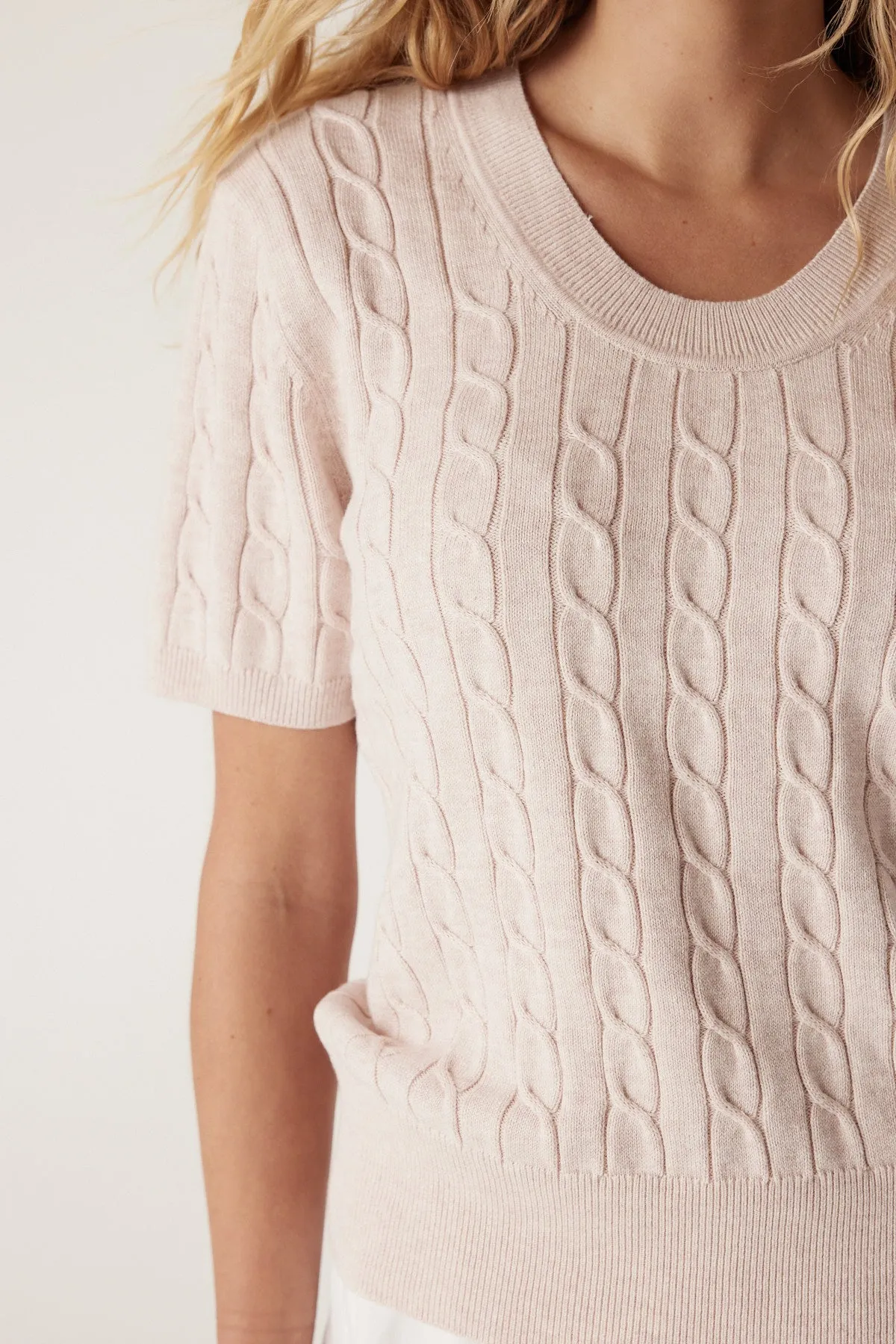 Cable Heritage Cotton Cable Tee - Pale Pink