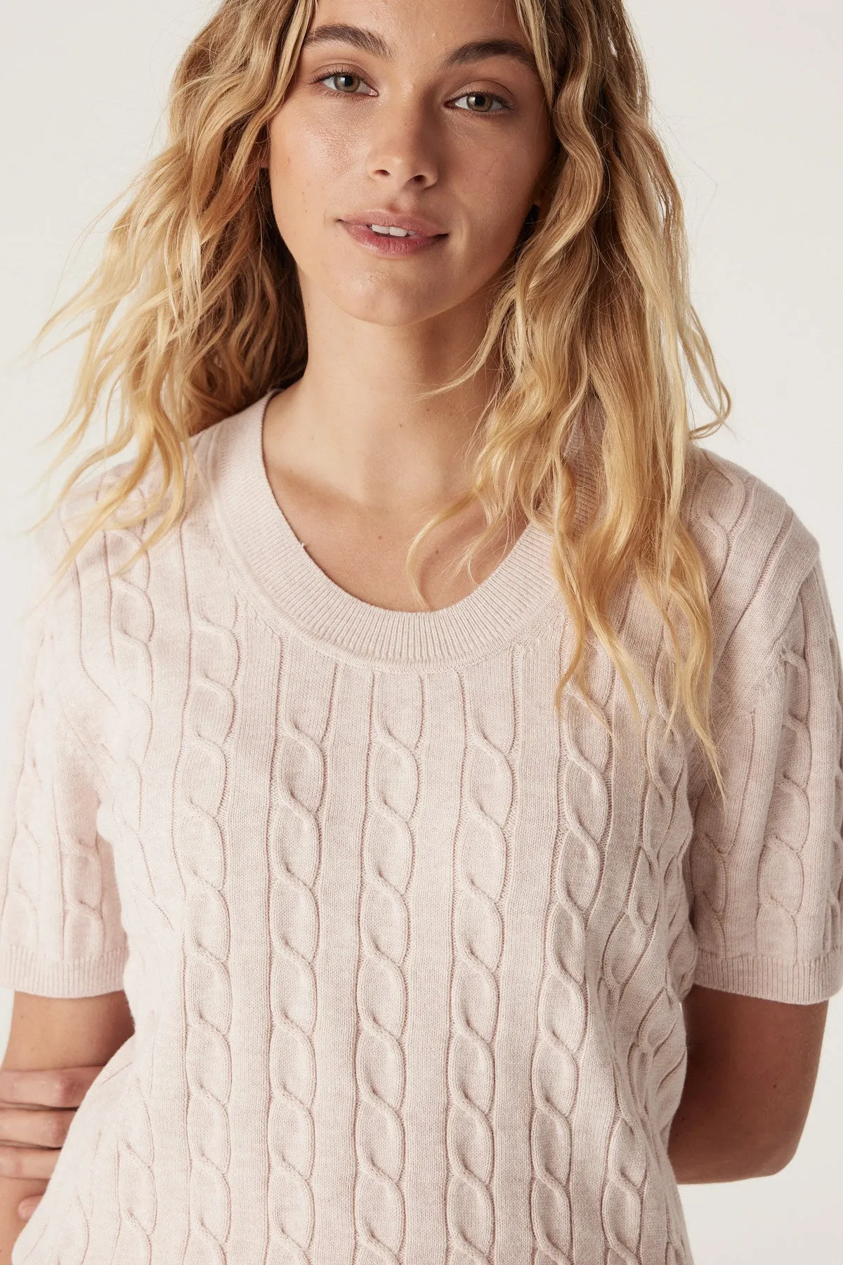 Cable Heritage Cotton Cable Tee - Pale Pink