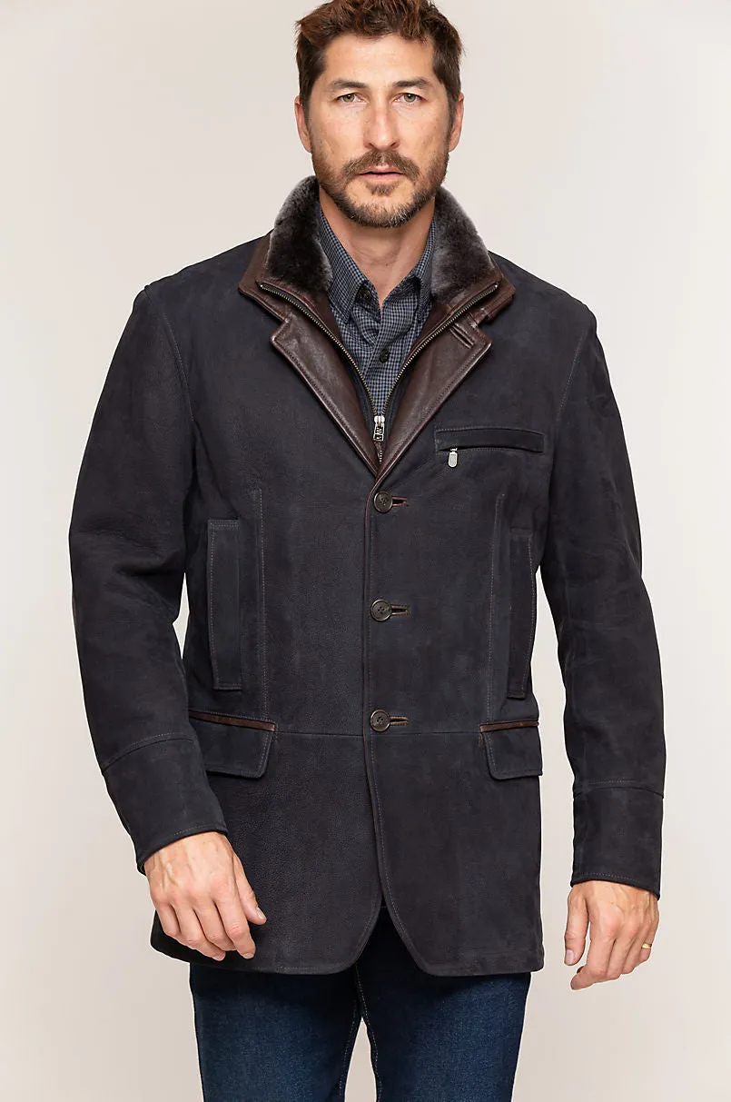 Carlsbad Calfskin Leather Blazer with Shearling Collar