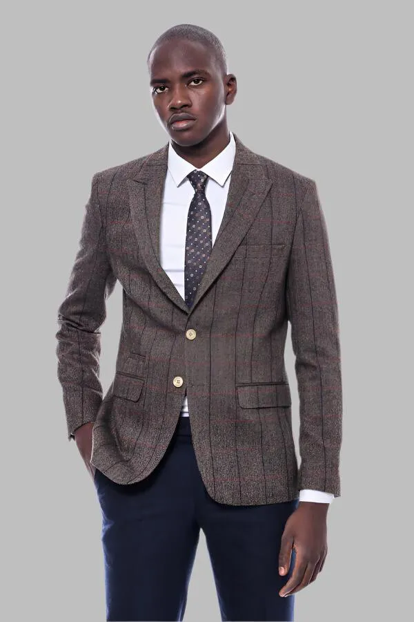 Checked Brown Slim-Fit Men's Blazer - Wessi