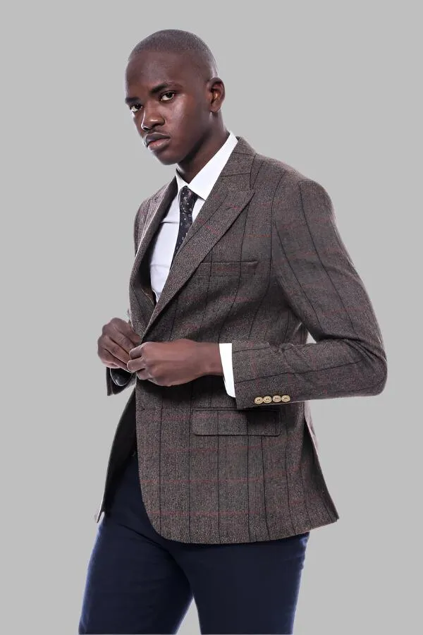 Checked Brown Slim-Fit Men's Blazer - Wessi