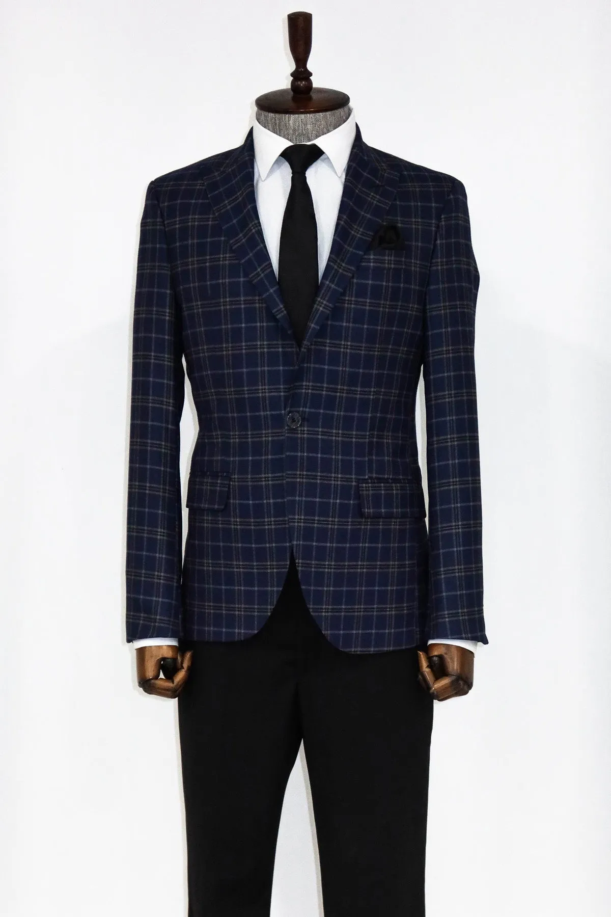 Checked Navy Blue Men Blazer and Trousers Combination - Wessi