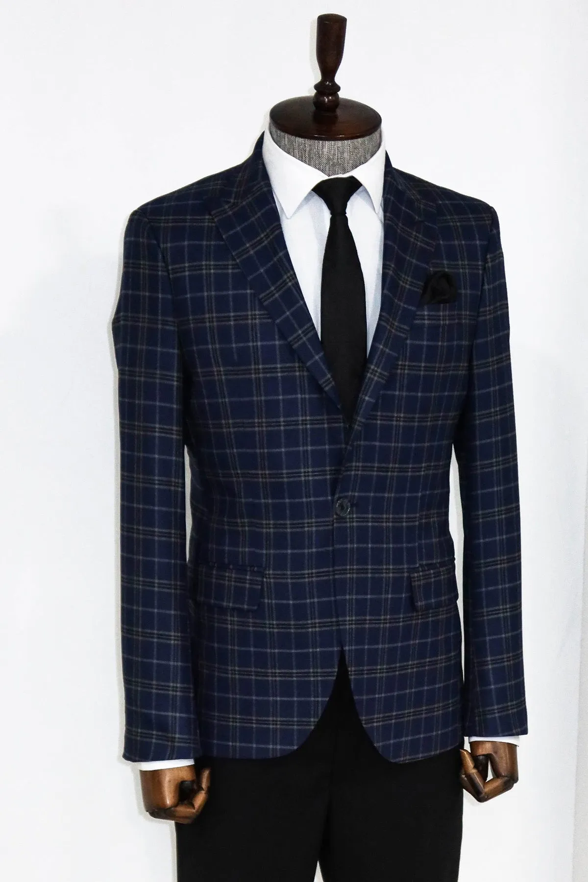 Checked Navy Blue Men Blazer and Trousers Combination - Wessi