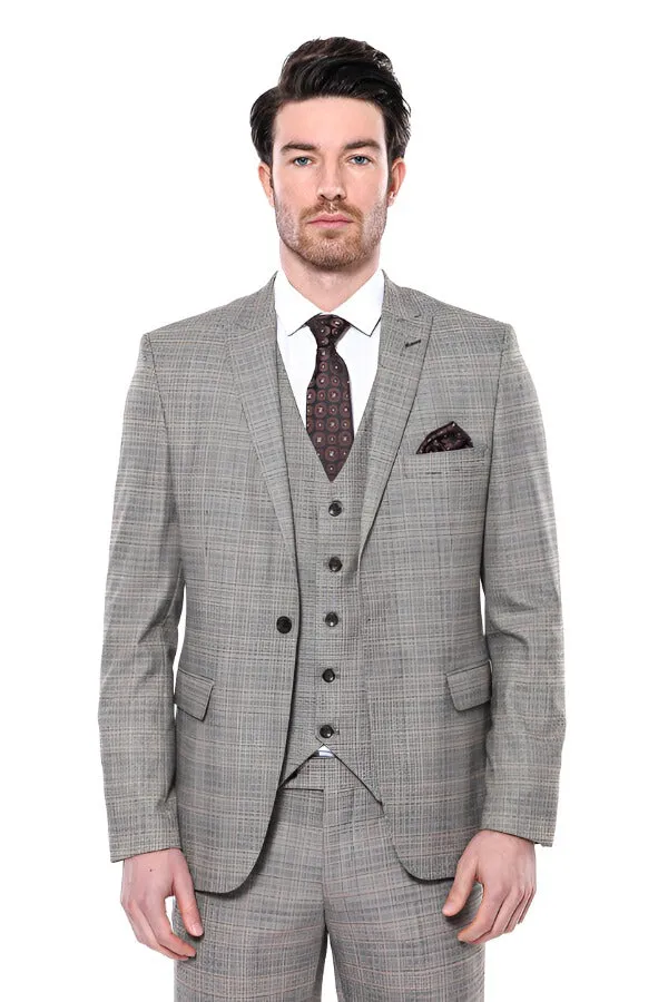 Checked Slim-Fit Cream Men Blazer - Wessi