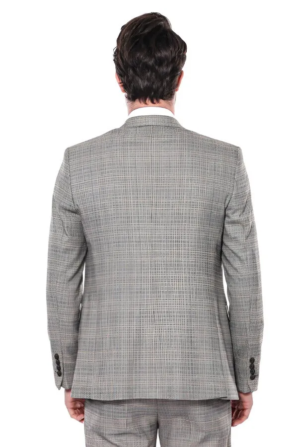 Checked Slim-Fit Cream Men Blazer - Wessi