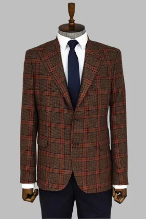 Checked Wool Brown Men Blazer - Wessi