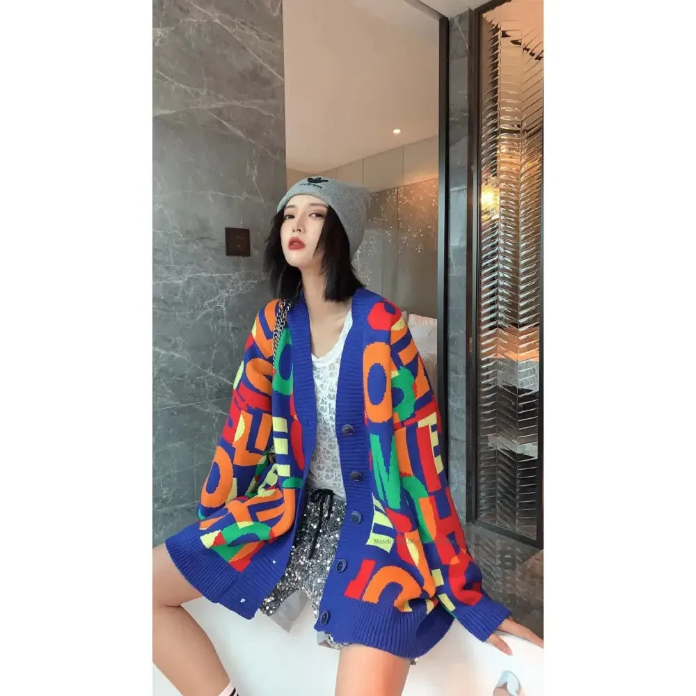 Colorful Letter Knitted Oversize Cardigan