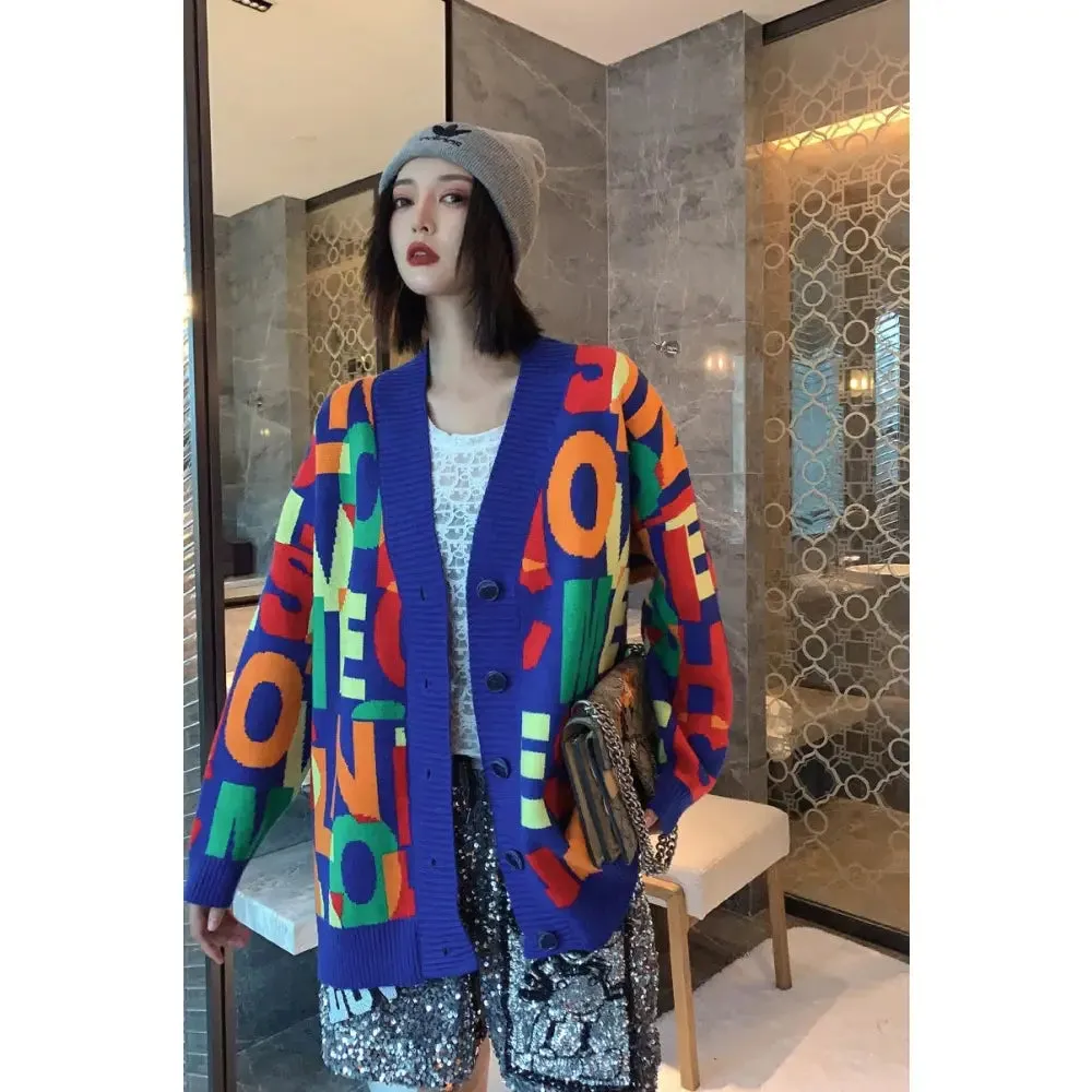 Colorful Letter Knitted Oversize Cardigan