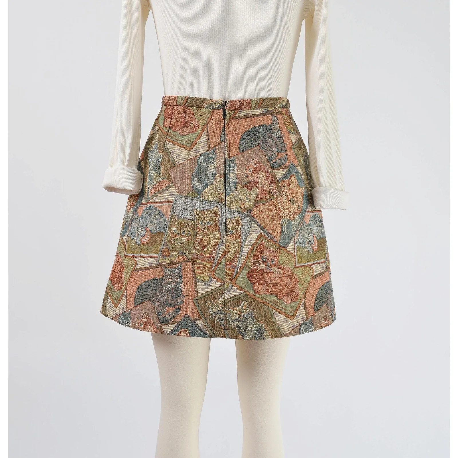 Cute Cat Tapestry Skirt High Waisted A-line Mini Skirt made from Vintage Fabric size Small