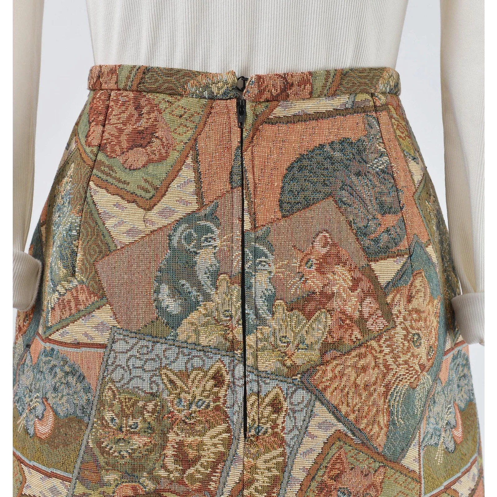 Cute Cat Tapestry Skirt High Waisted A-line Mini Skirt made from Vintage Fabric size Small