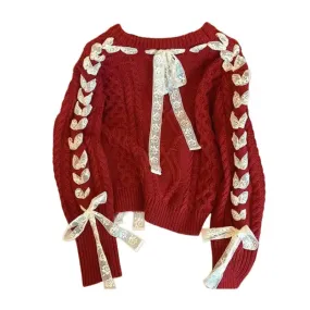 Cute Red Twists Ribbon Knit Sweater