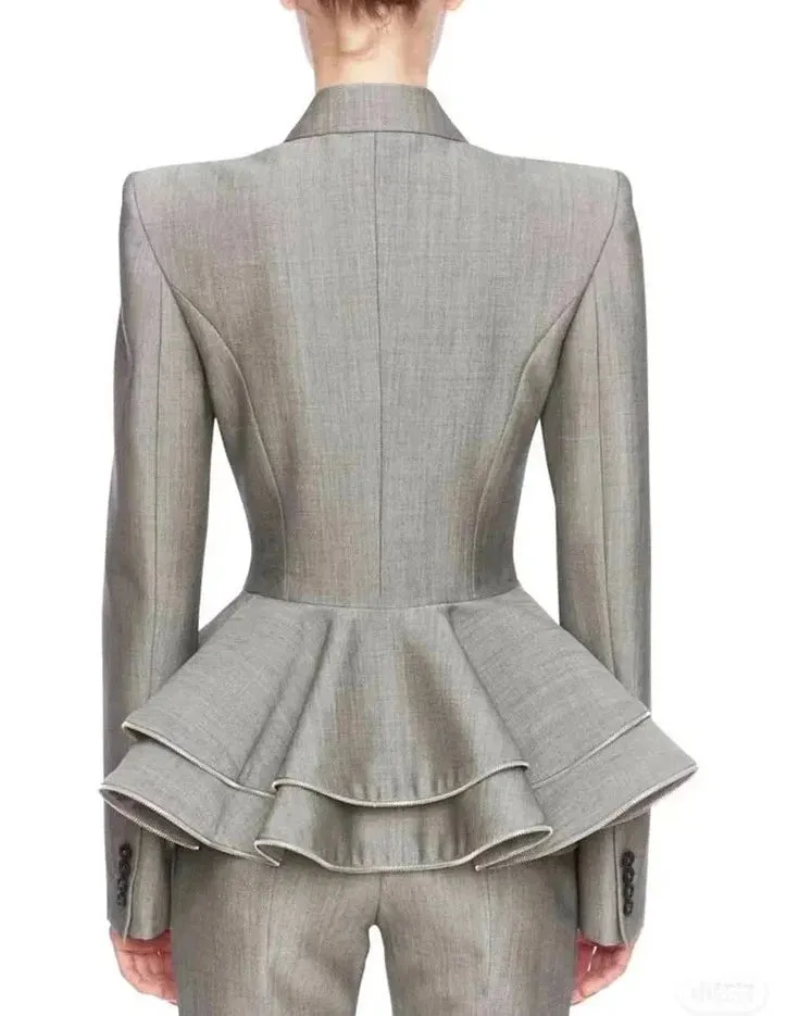 Double-breasted ruffles zipper shoulder pads long sleeve blazer