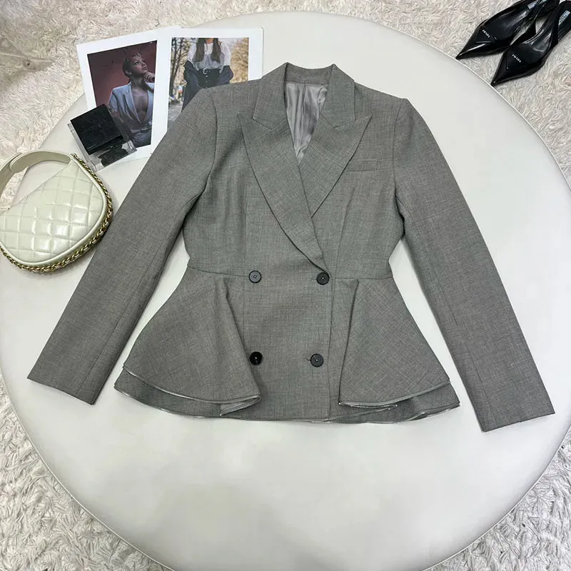 Double-breasted ruffles zipper shoulder pads long sleeve blazer