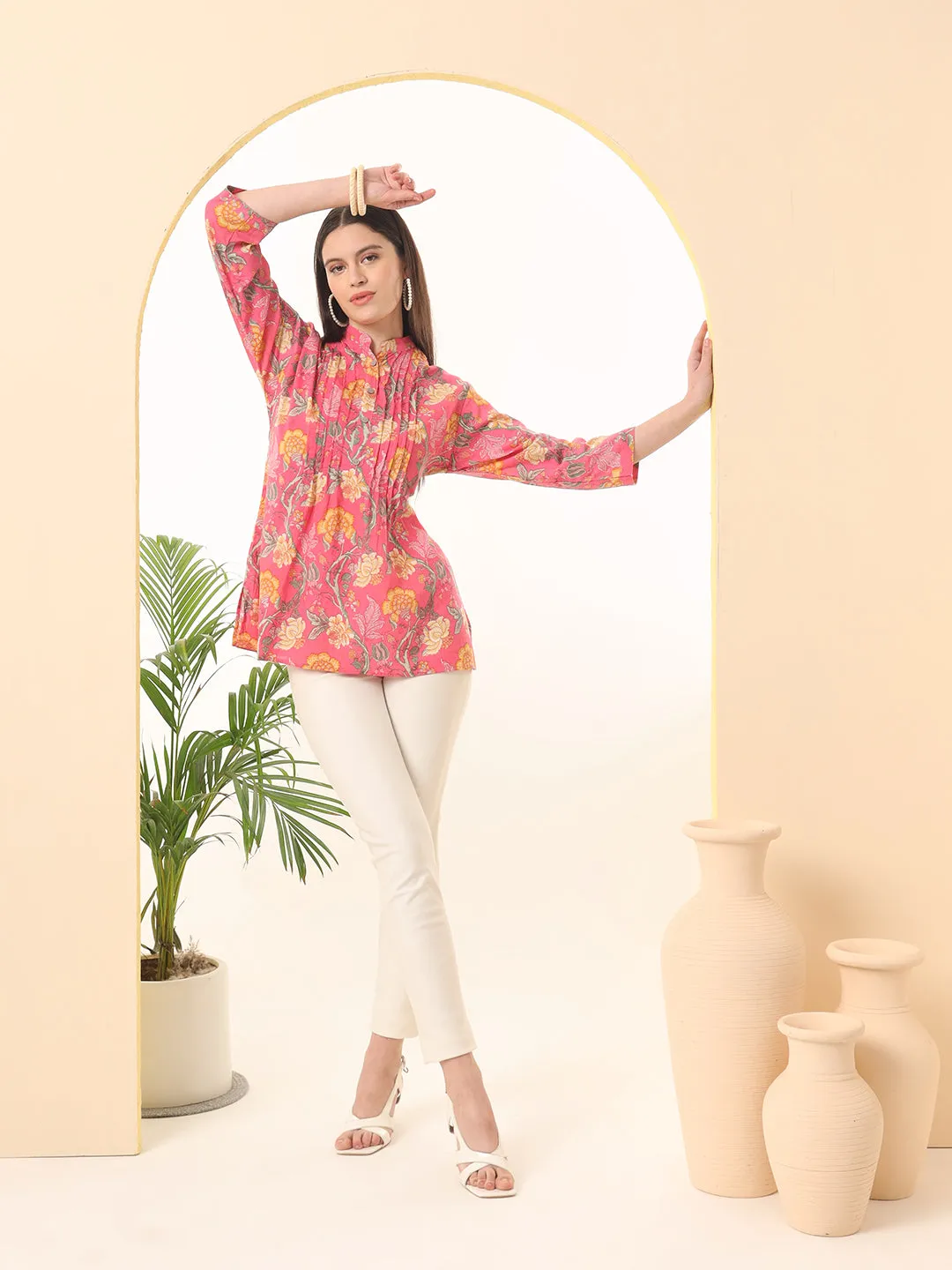 Ekisha's women pink designer floral printed cotton tunic top short kurti