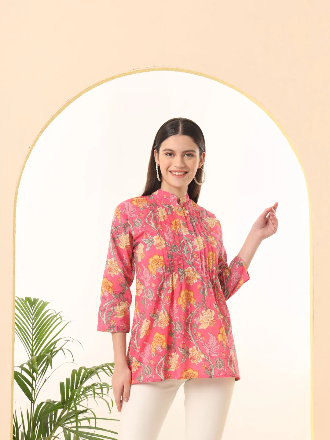 Ekisha's women pink designer floral printed cotton tunic top short kurti