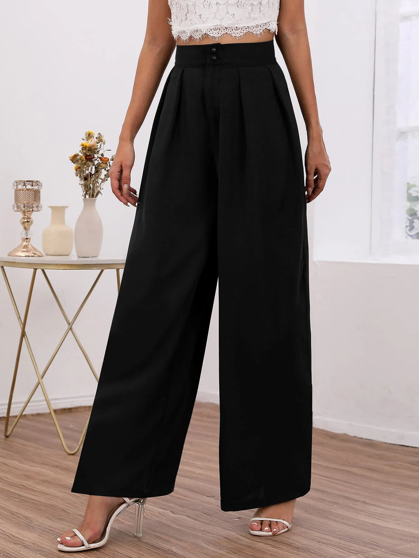 Elegant Plain Button Front High Waist Long Women Pants