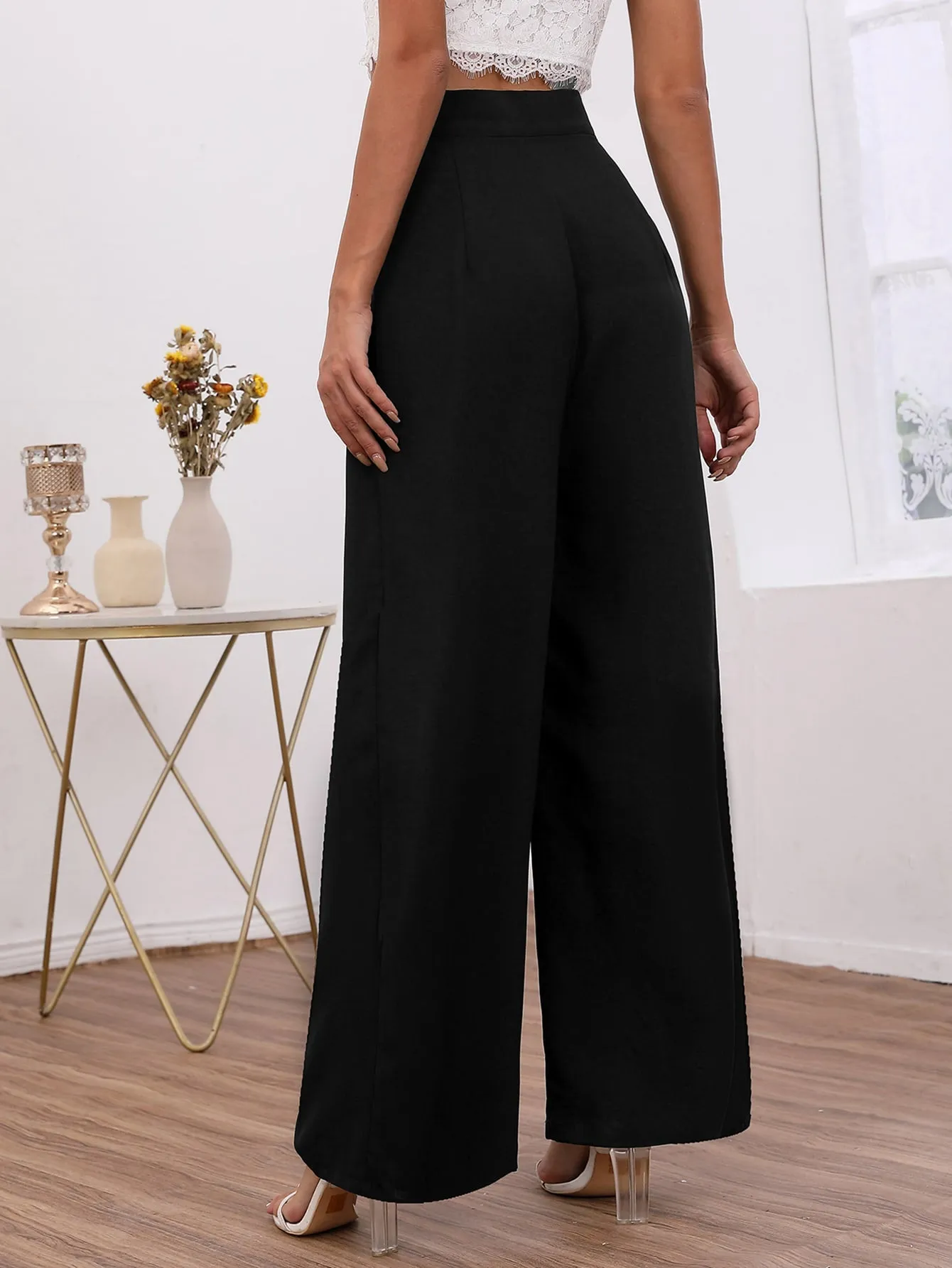 Elegant Plain Button Front High Waist Long Women Pants