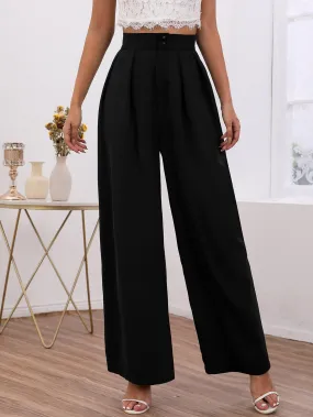 Elegant Plain Button Front High Waist Long Women Pants