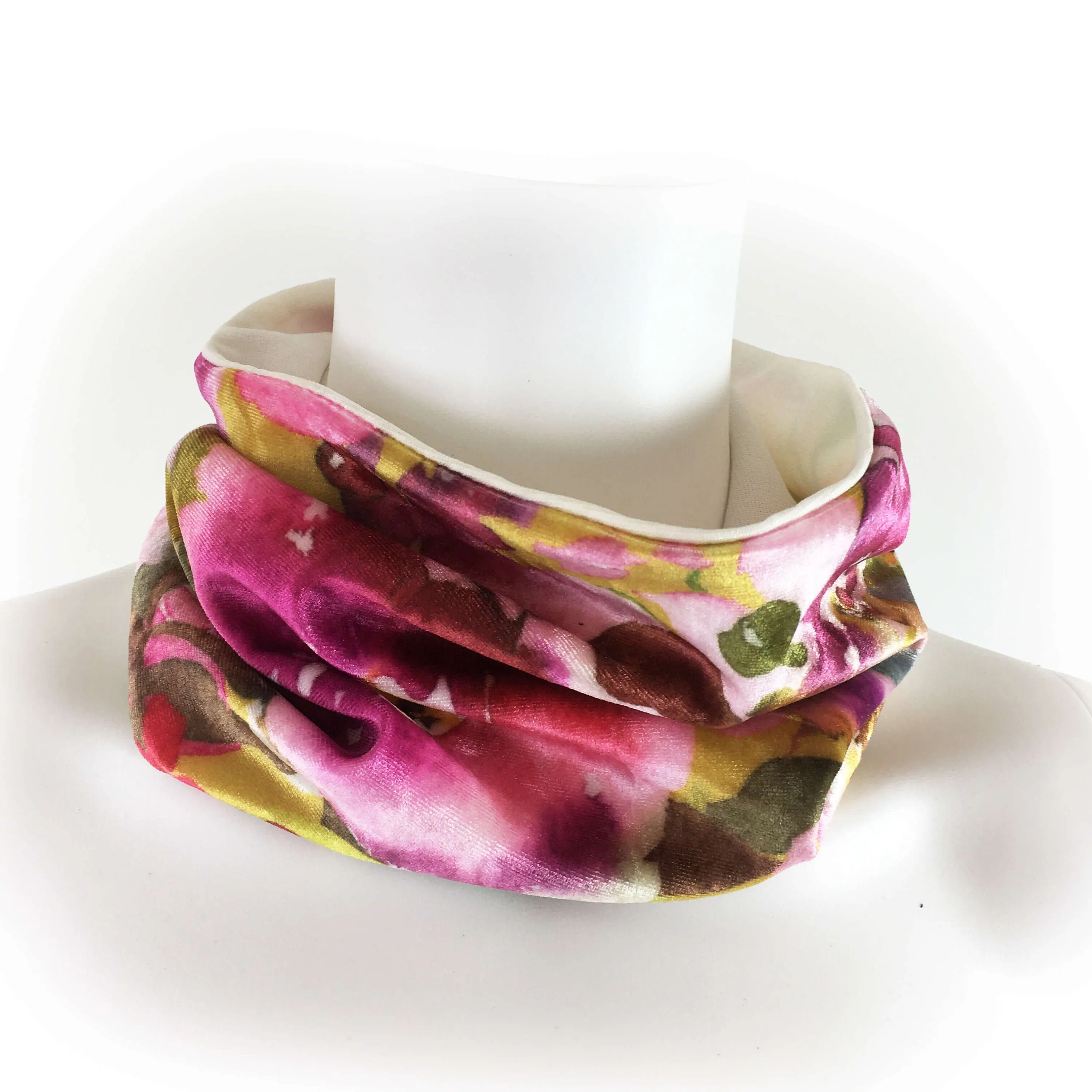 Fuschia Floral Scarf,  Versatile Scarf, Headband, HatBand, Neck Warmer, Ladies Scarf, Velour Scarf, Designer Gaiter,Velour/Silky Soft Knit