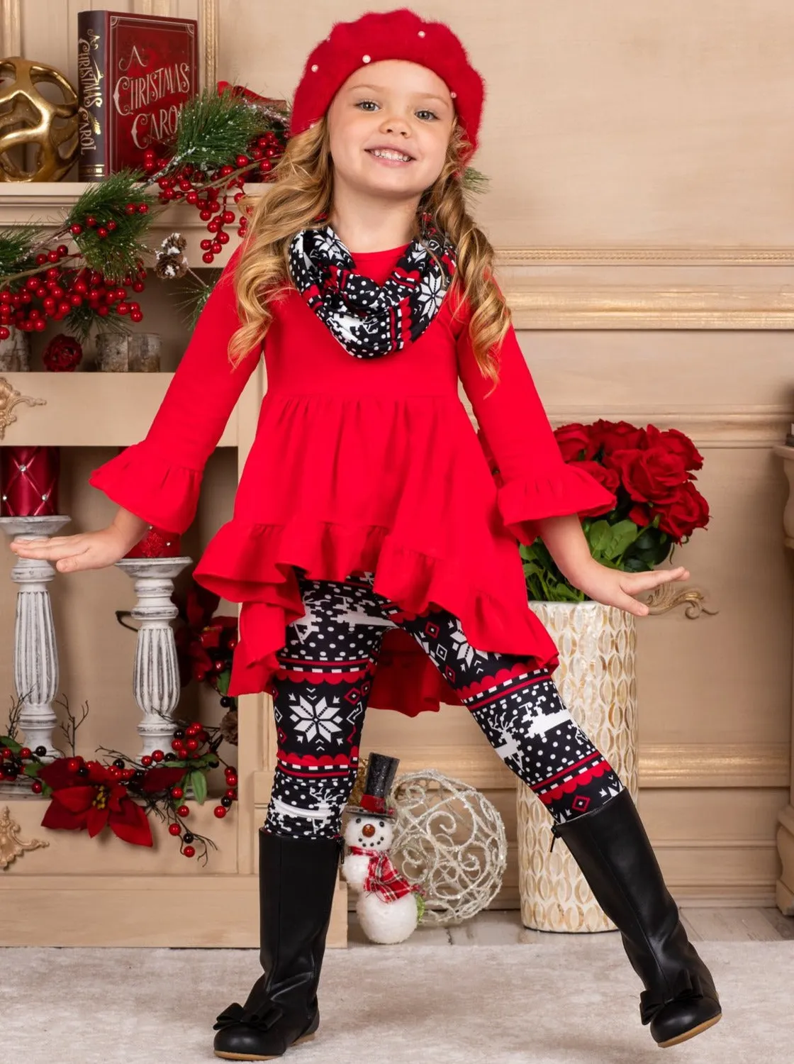 Girls Red And Black Long Sleeve Ruffled Tunic, Winter Print Leggings And Scarf Set