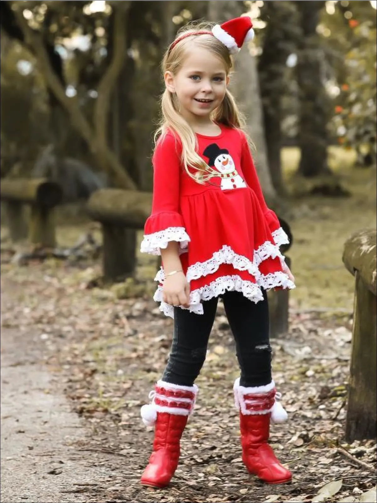 Girls Red Snowman Tunic with White Lace Ruffles