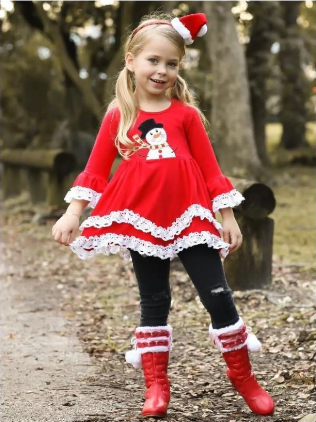 Girls Red Snowman Tunic with White Lace Ruffles