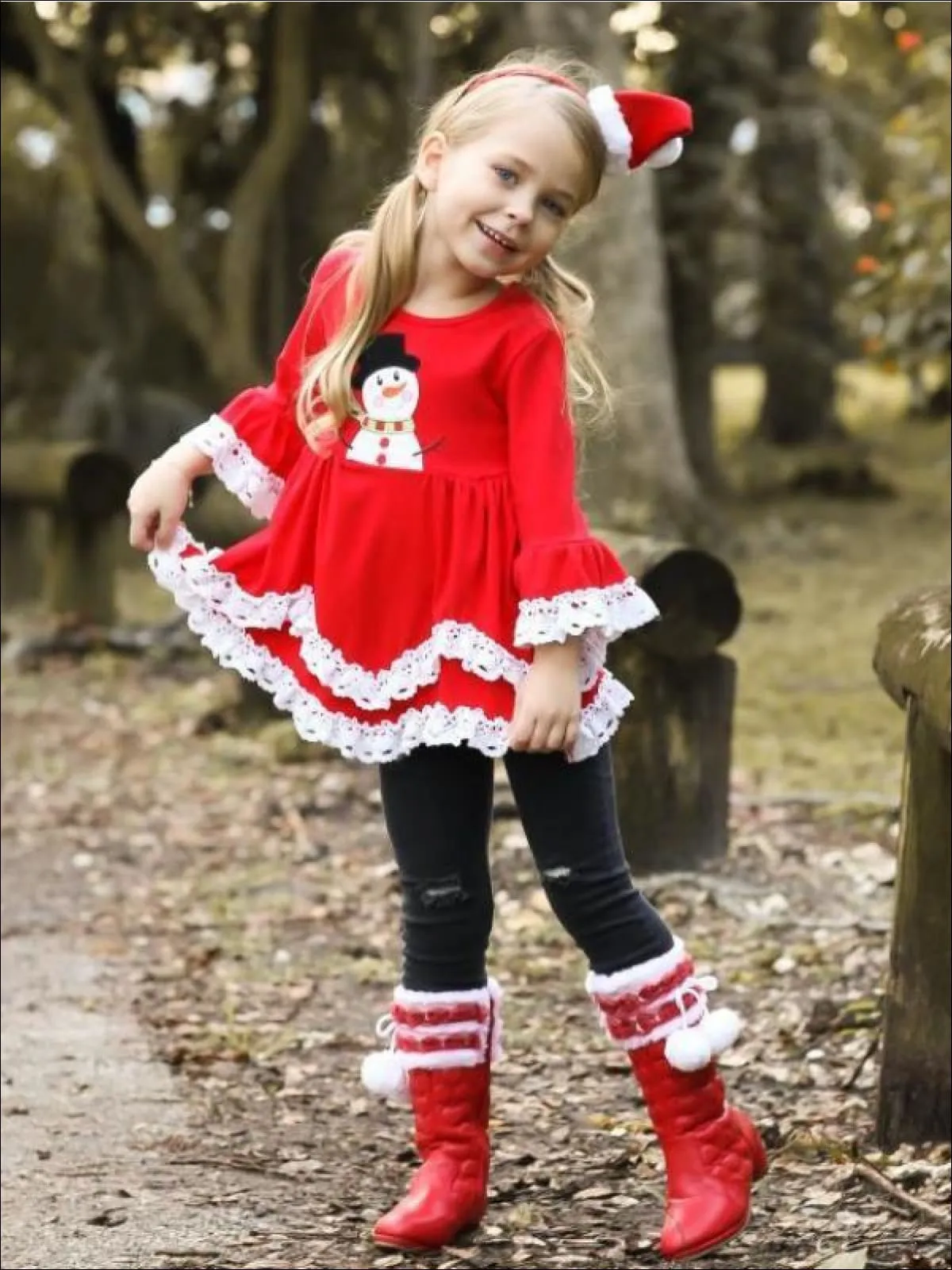 Girls Red Snowman Tunic with White Lace Ruffles