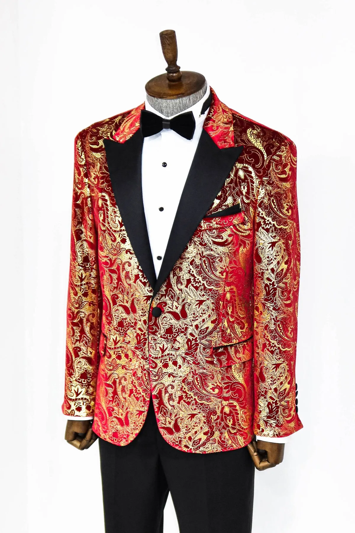 Gold Patterned Over Red Men Prom Blazer And Trousers Combination - Wessi