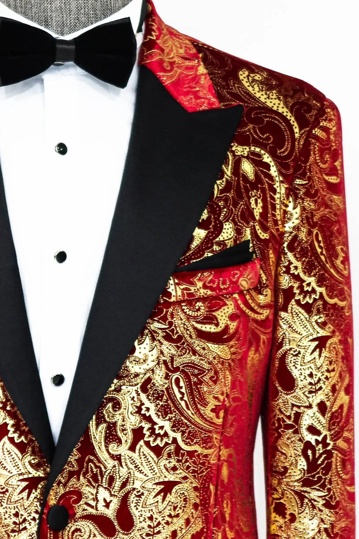 Gold Patterned Over Red Men Prom Blazer And Trousers Combination - Wessi