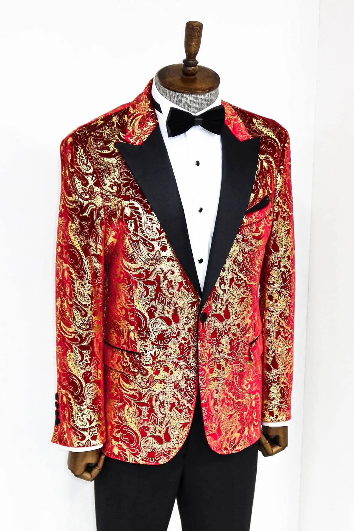 Gold Patterned Over Red Men Prom Blazer And Trousers Combination - Wessi