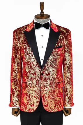 Gold Patterned Over Red Men Prom Blazer And Trousers Combination - Wessi