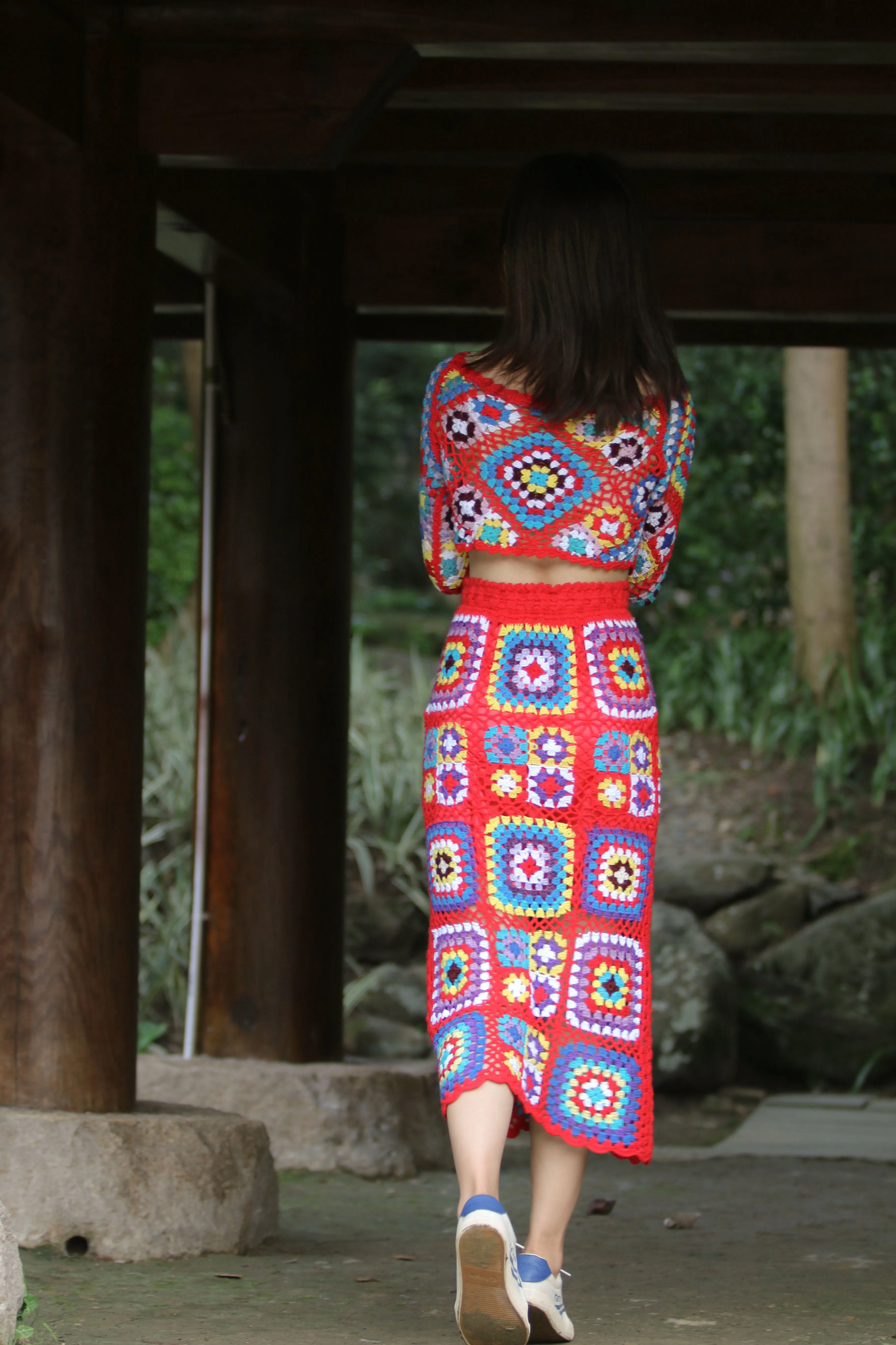 Granny Squares Maxi Skirt & Top Set Carnaby Lovers Off Shoulder Long Sleeve Top Long Granny Square Skirt Drawstring Waist Bikini Beach Cover Up Handmade Boho Crochet Choose Red Or Lavender One Size