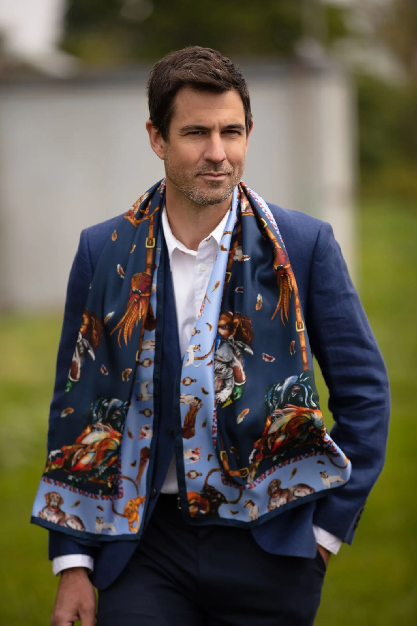 Here Come The Boys Hunting Dog Navy & Cobalt Classic Silk Scarf